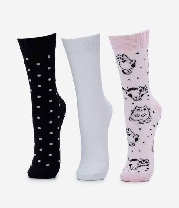Kit 03 Meias Cano Alto em Algodão com Estampa Poá e Gatinhos