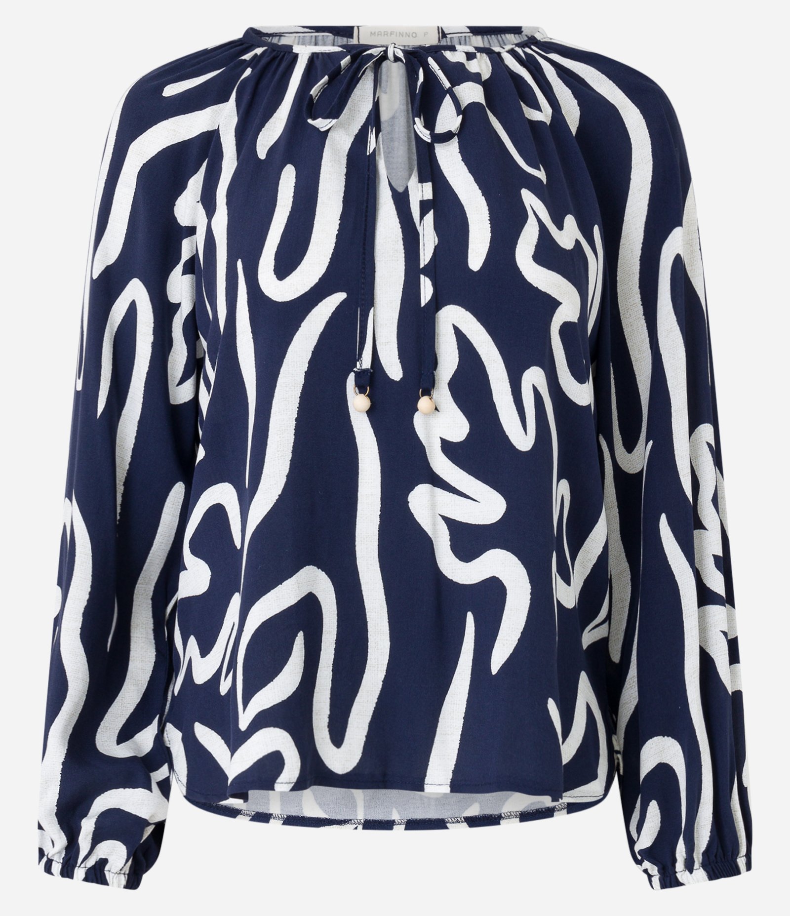 Blusa com Mix de Tecidos e Amarração na Gola com Estampa Abstrata Azul/ Branco 6