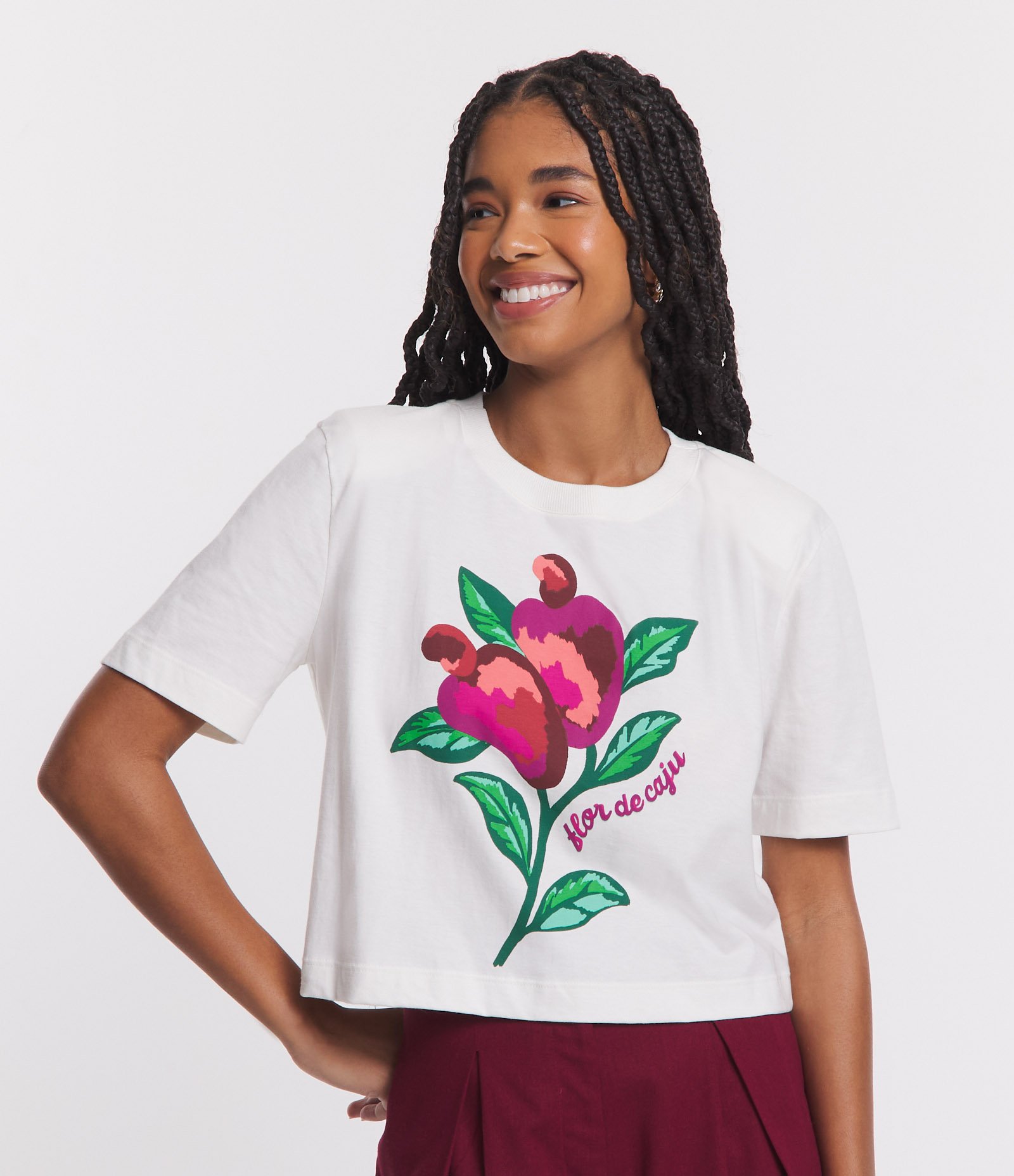 Blusa T-shirt em Meia Malha com Estampa Flor de Caju Branco 1