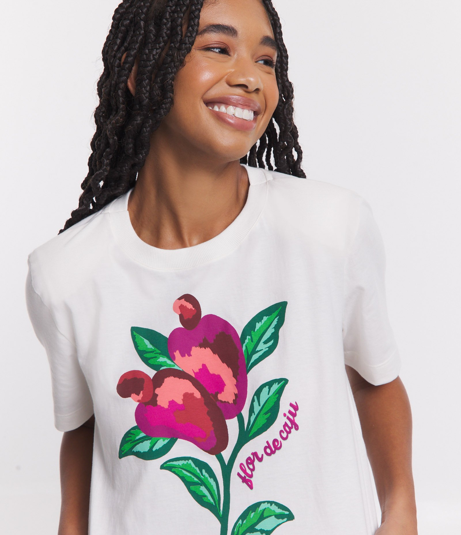 Blusa T-shirt em Meia Malha com Estampa Flor de Caju Branco 4