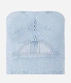 Blusa Cropped em Jeans com Estampa de Listras e Decote Tomara que Caia
