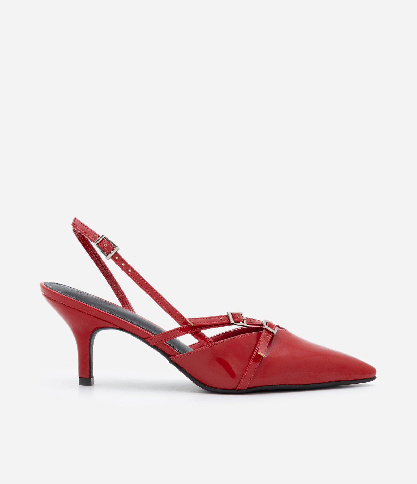 Sapato Scarpin Slingback com Fivelas e Bico Fino Vermelho 1