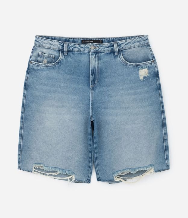 Bermuda Jeans com Lavagem Dirty e Barra Rasgada Curve & Plus Size Azul 7