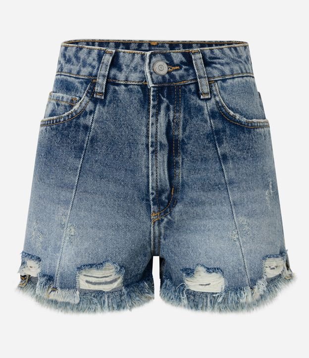 Short Cintura Alta em Jeans com Recortes e Franjas Azul Médio 5