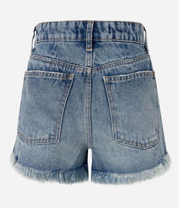 Short Cintura Alta em Jeans com Recortes e Franjas Azul Médio 6