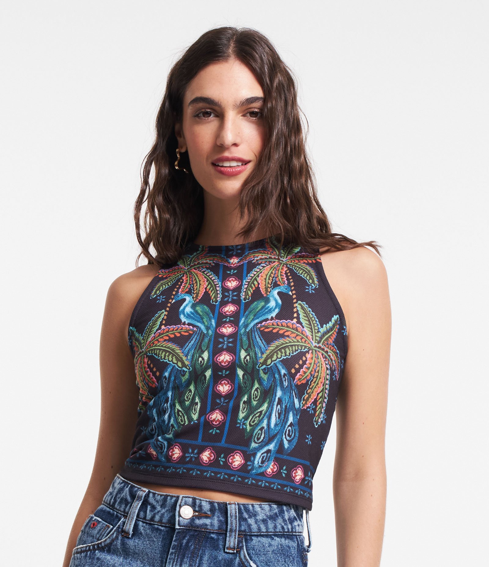 Blusa sem Manga em Ribana com Estampa de Coqueiros Preto 1