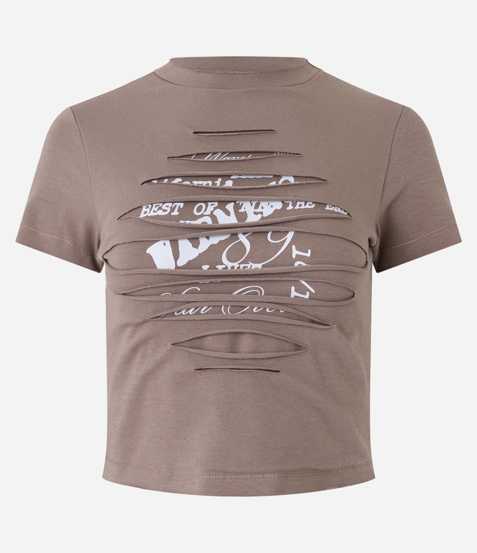 Blusa Manga Curta em Meia Malha com Rasgos e Lettering Marrom 5
