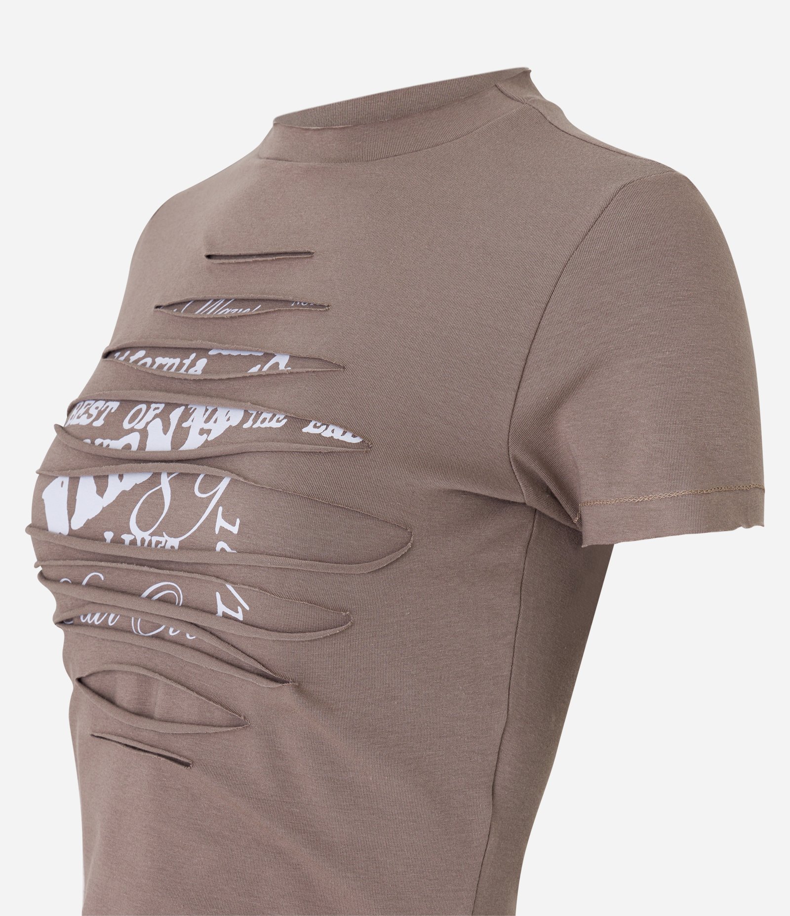 Blusa Manga Curta em Meia Malha com Rasgos e Lettering Marrom 6