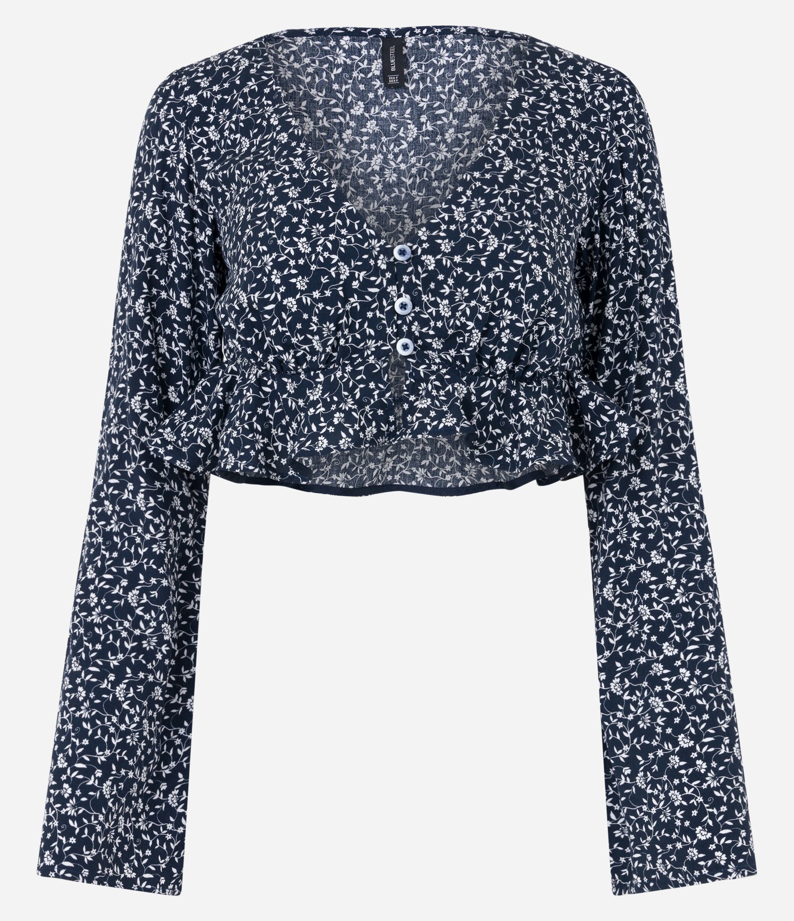 Blusa Cropped em Viscose Floral Liberty e Botões Frontais Azul 5