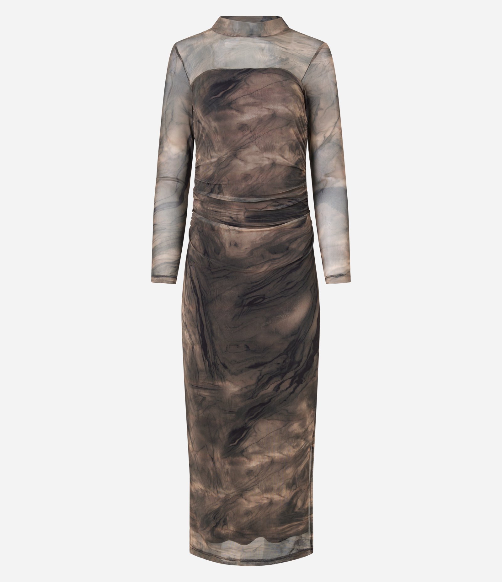 Vestido New Midi em Tule com Estampa Abstrata e Franzidos Laterais Marrom 7