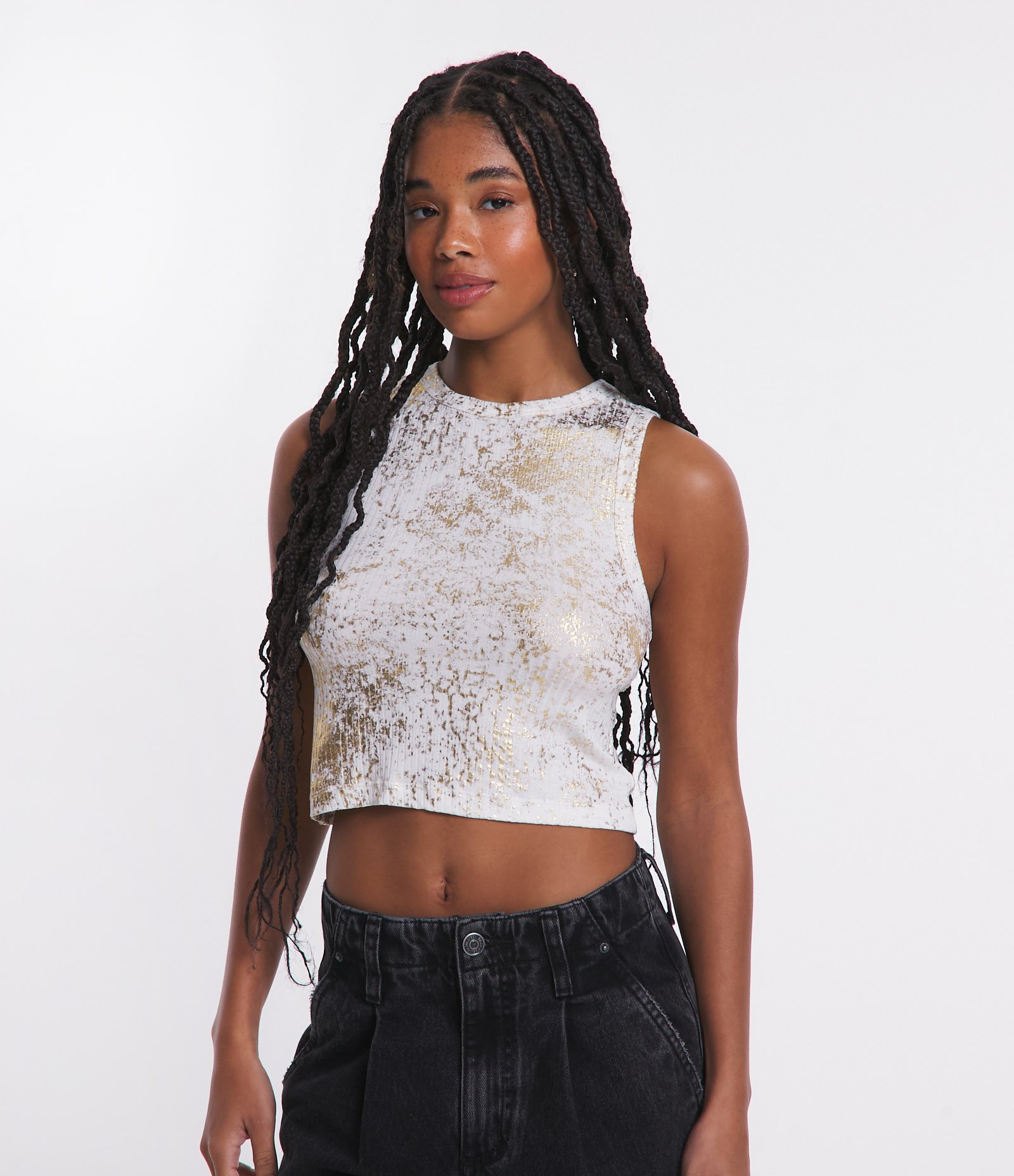 Blusa Sem Manga em Ribana com Foil Metalizado Branco Neve 1