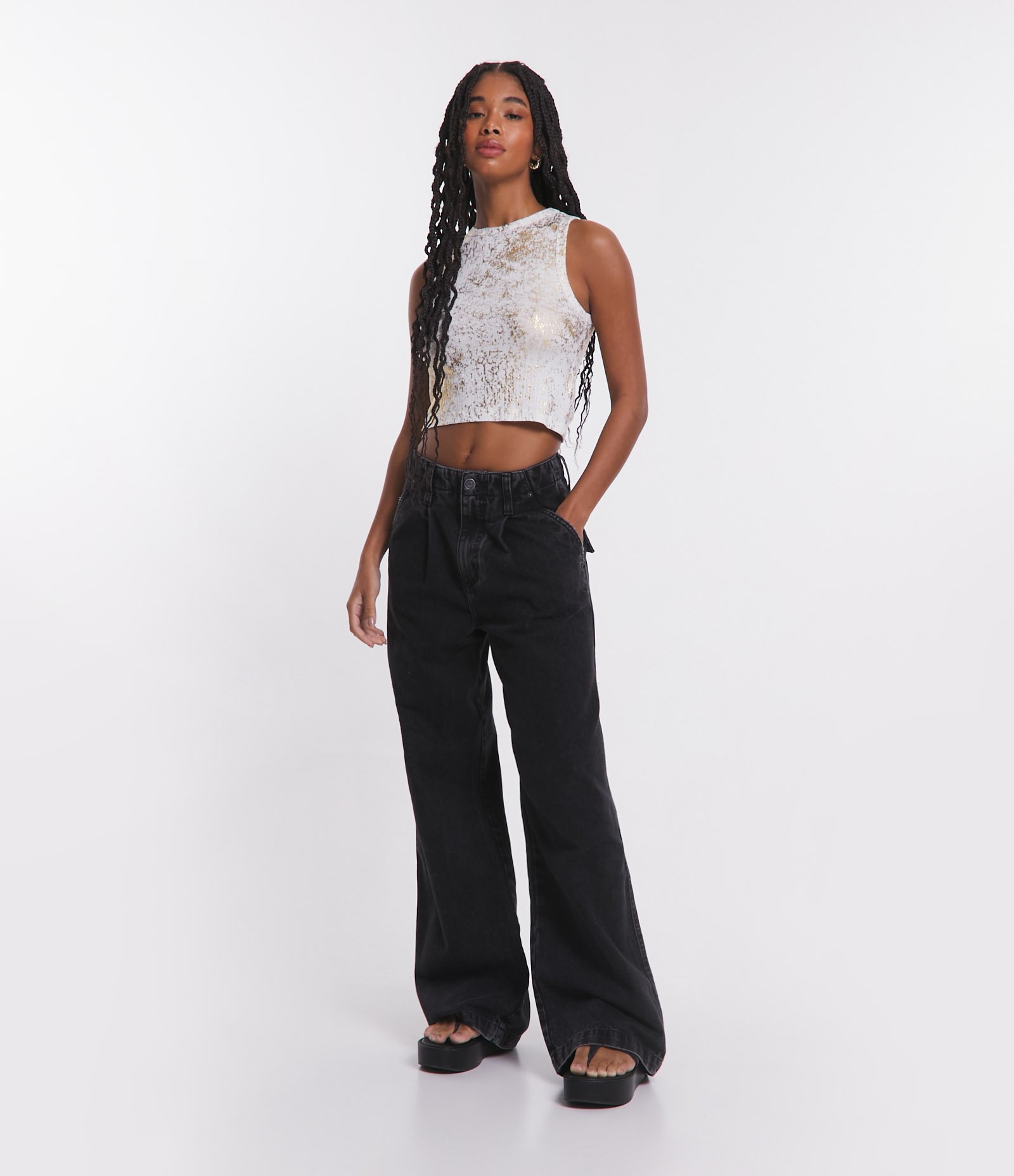 Blusa Sem Manga em Ribana com Foil Metalizado Branco Neve 2
