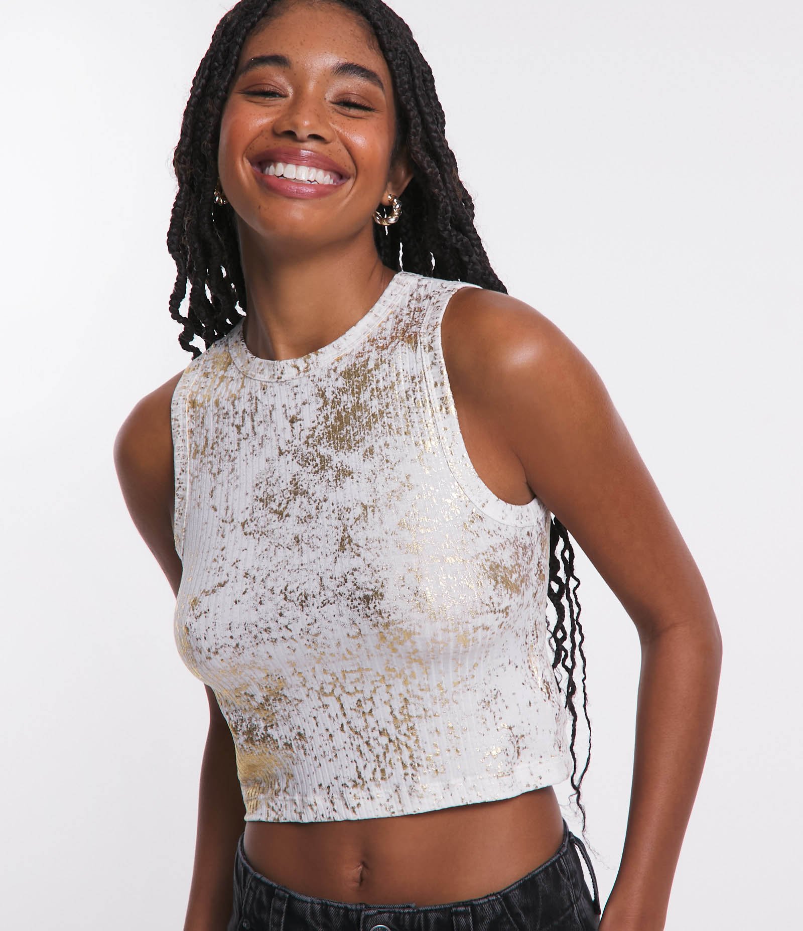 Blusa Sem Manga em Ribana com Foil Metalizado Branco Neve 4