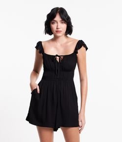 Macaquinho em Viscose com Babados nas Alças e Recortes com Lastex