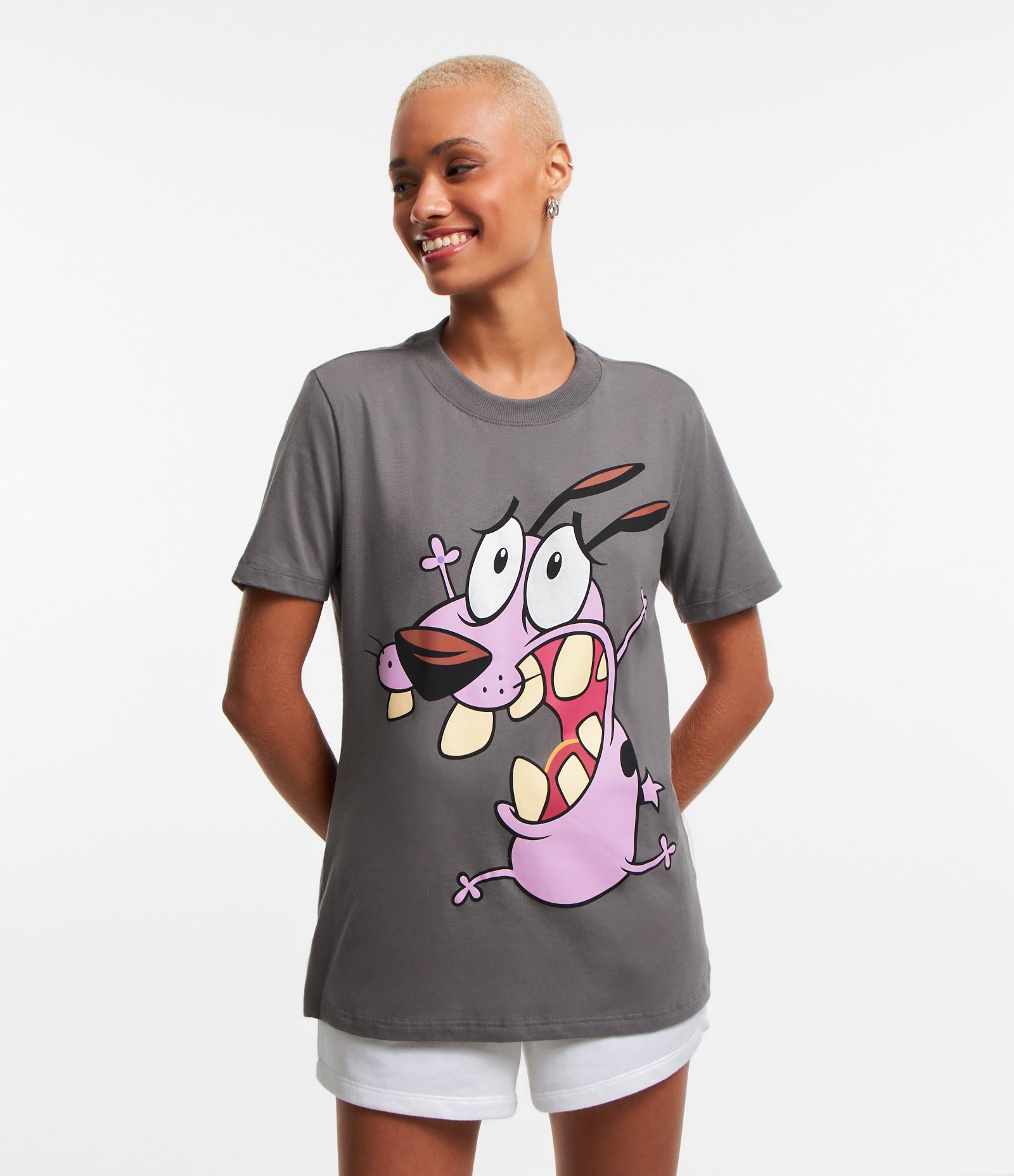 Camiseta Alongada em Algodão com Estampa Cão Covarde Cinza 1