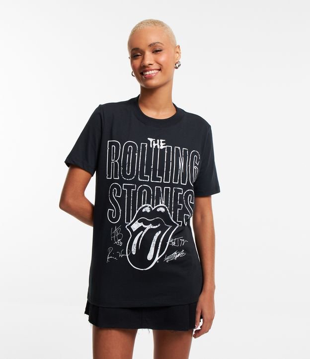 Camiseta Alongada em Algodão com Estampa Rolling Stones Preto 1