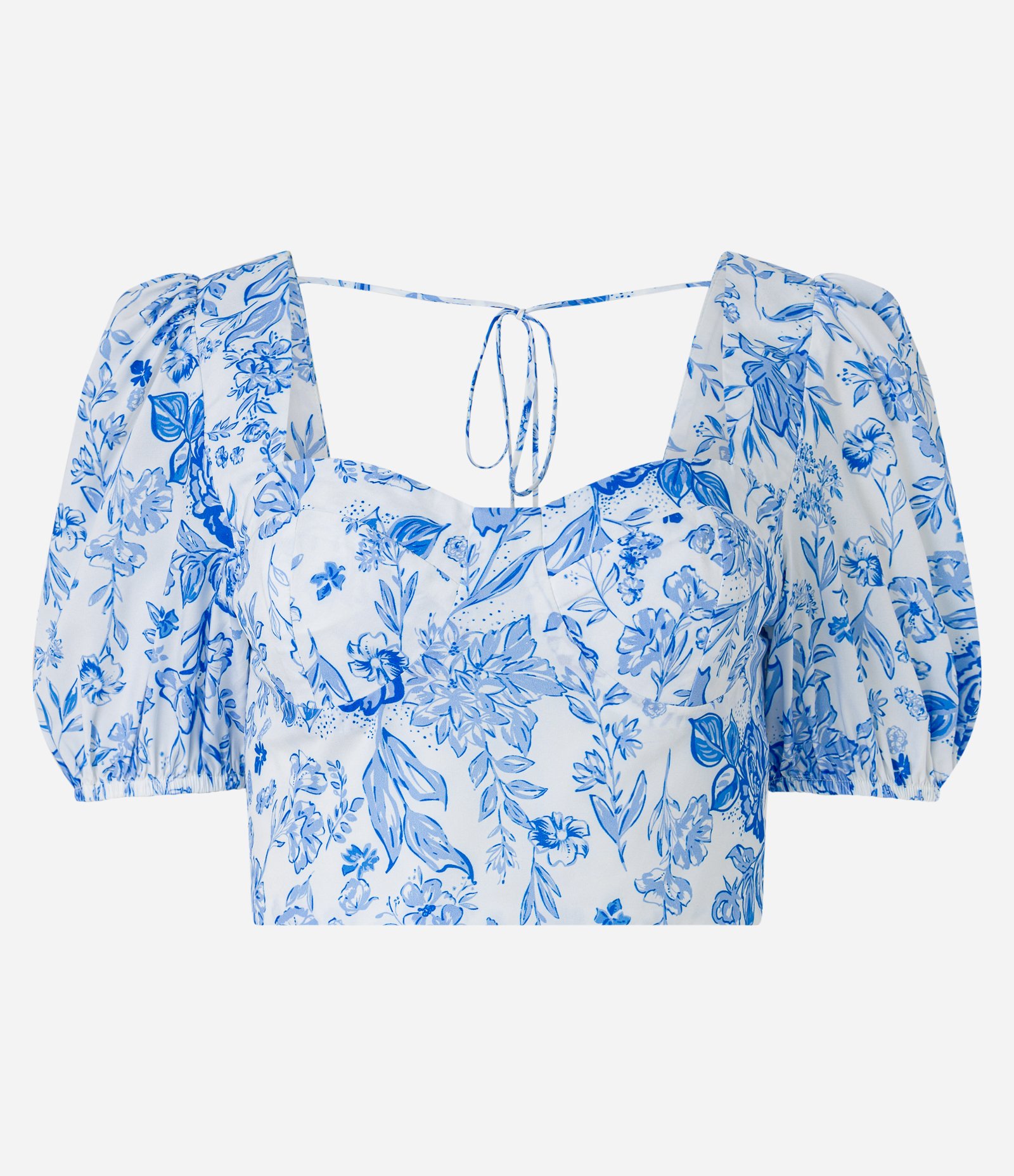 Blusa Cropped em Crepe com Decote Coração e Estampa Floral Branco/ Azul 6