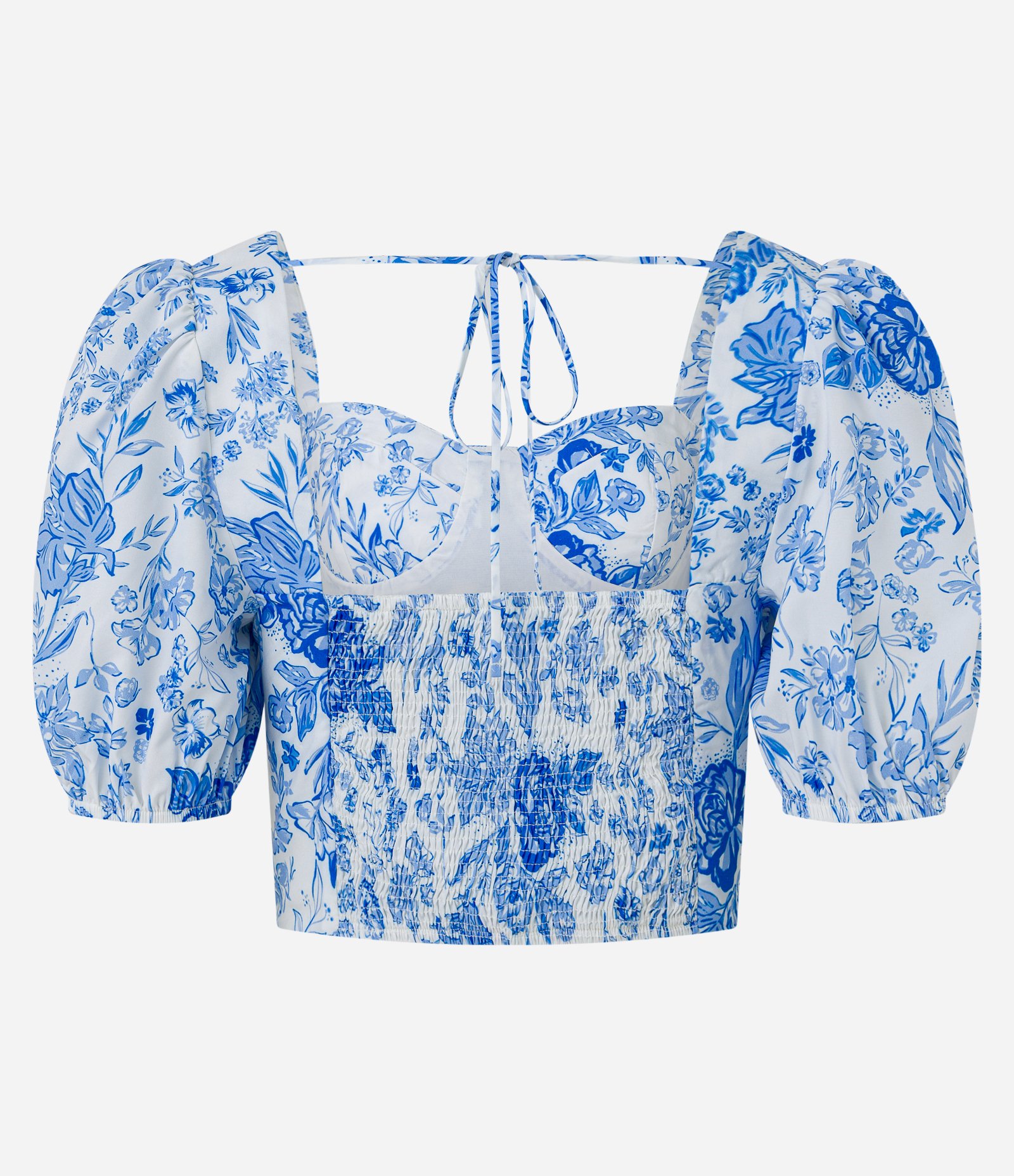 Blusa Cropped em Crepe com Decote Coração e Estampa Floral Branco/ Azul 7
