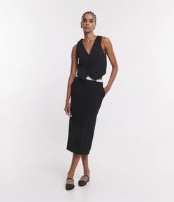 Saia Midi Alfaiatada com Cós Duplo e Zíper nas Costas