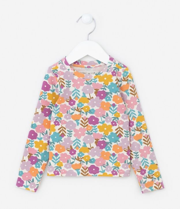 Camiseta Infantil Canelada com Estampa de Florzinhas - Tam 1 a 5