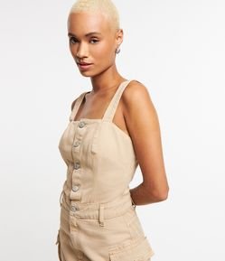 Vestido Curto Sem Manga em Sarja com Bolsos Cargo Afivelados