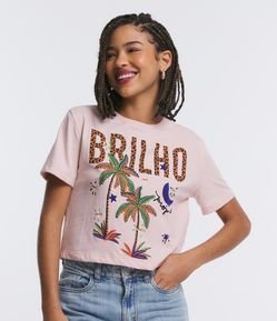 Blusa em Meia Malha com Estampa Lettering Brilho e Paisagem Coqueiros