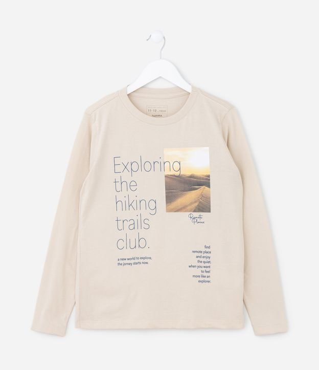 Camiseta Infantil em Flamê com Estampa de Foto com Escritos - Tam 5 a 14 anos