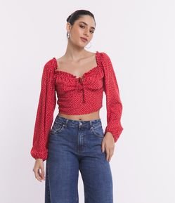Blusa Cropped em Viscose com Amarração no Busto e Estampa Poá