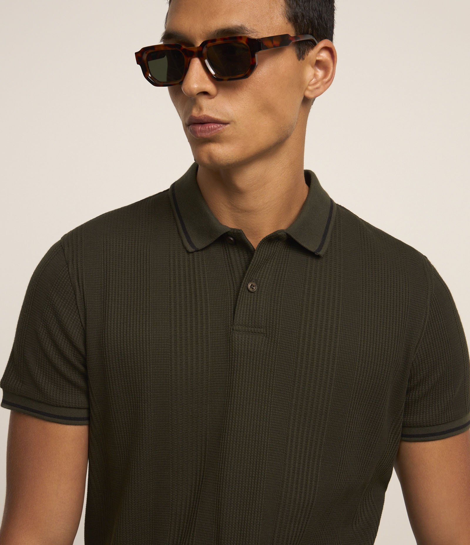 Polo Regular com Textura de Listras e Frisos Contrastantes Verde Escuro 3