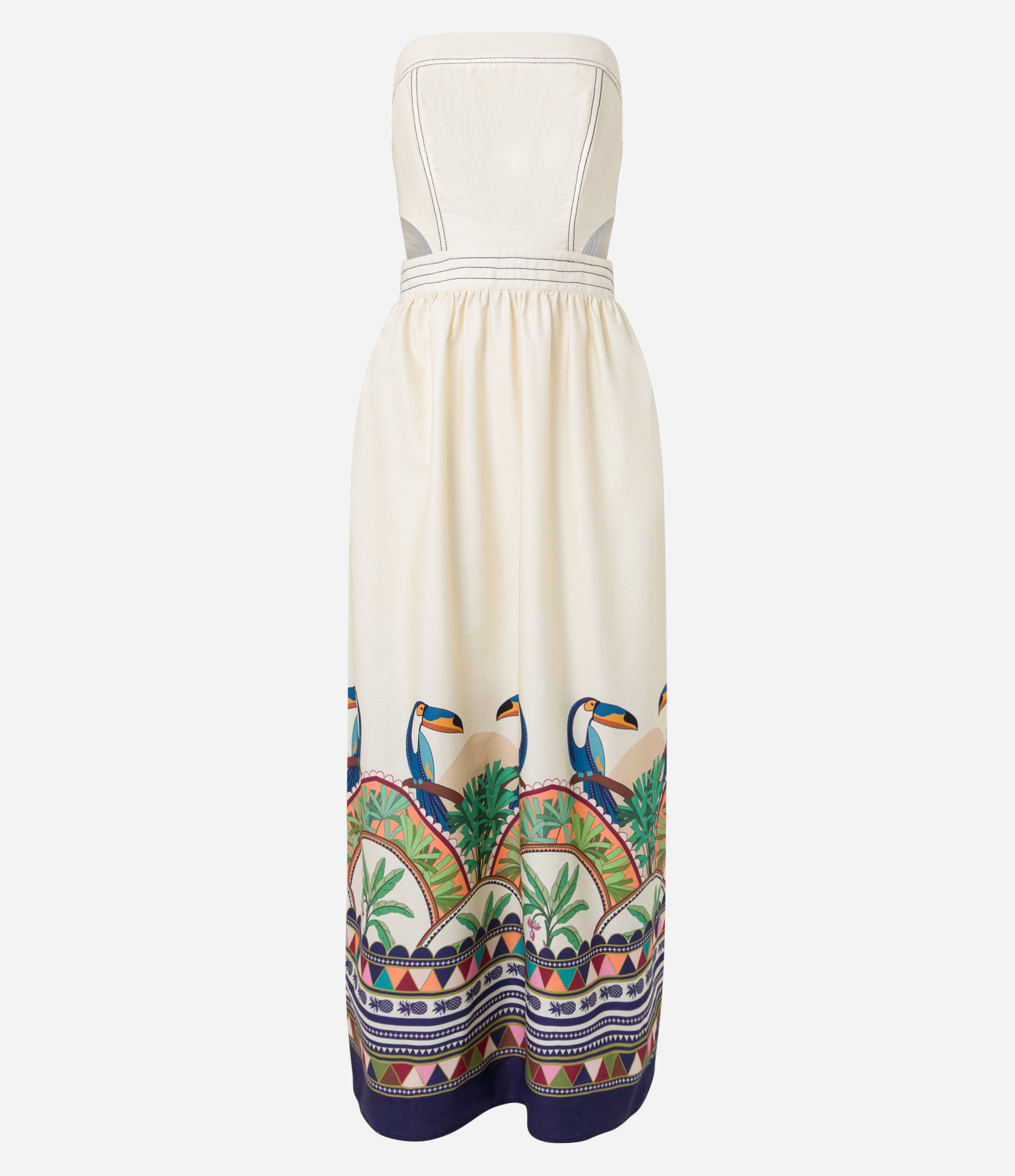 Vestido New Midi em Tricoline Tomara que Caia e com Estampa Tucanos Bege Creme 6