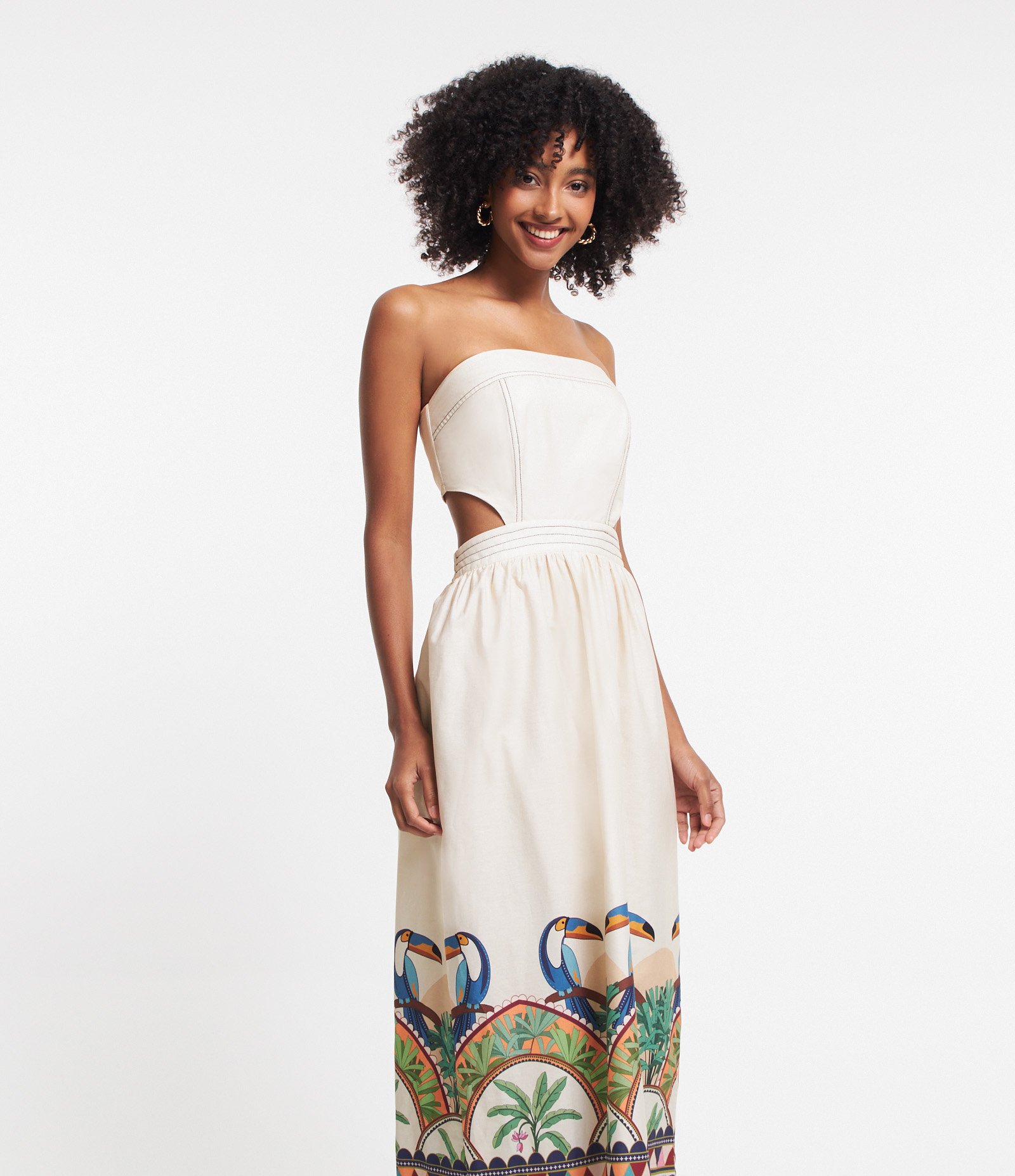 Vestido New Midi em Tricoline Tomara que Caia e com Estampa Tucanos Bege Creme 2