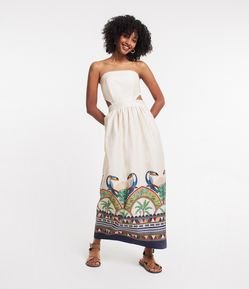 Vestido New Midi em Tricoline Tomara que Caia e com Estampa Tucanos