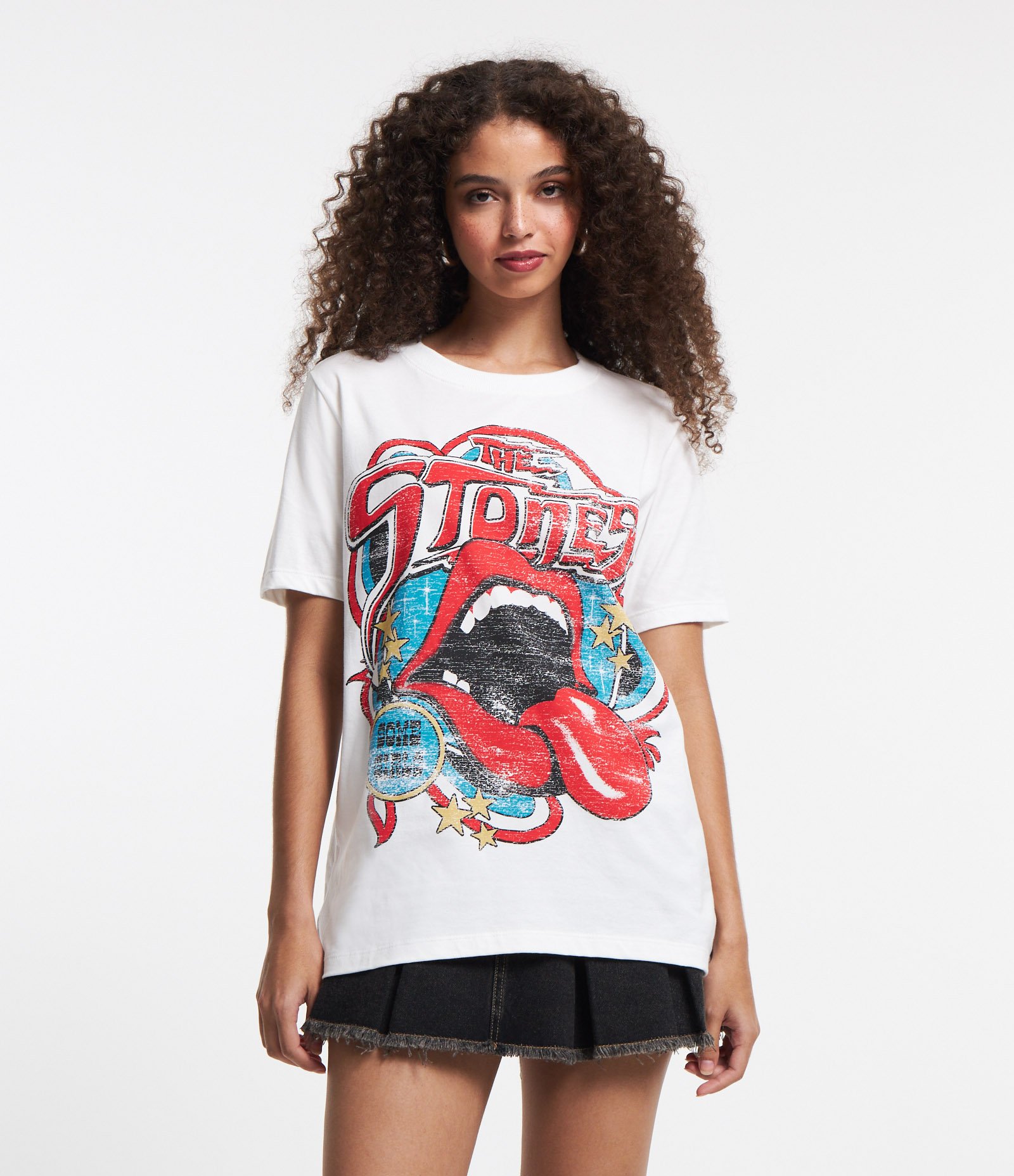 Camiseta Alongada em Meia Malha com Estampa Rolling Stones Branco 1