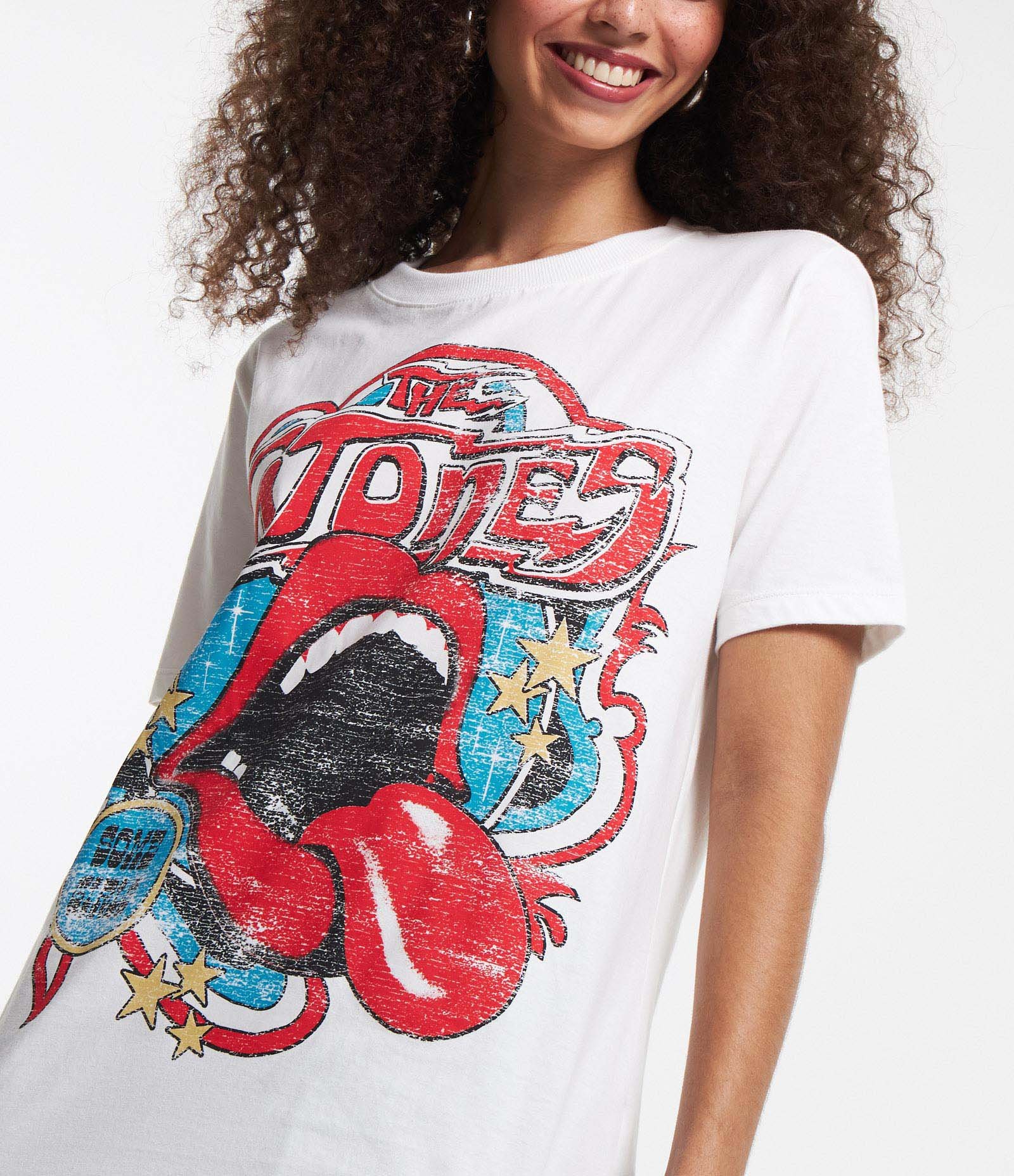 Camiseta Alongada em Meia Malha com Estampa Rolling Stones Branco 4