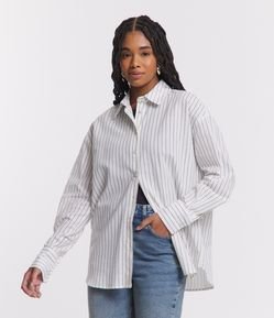 Camisa Manga Longa em Tricoline Listrado com Punho Largo