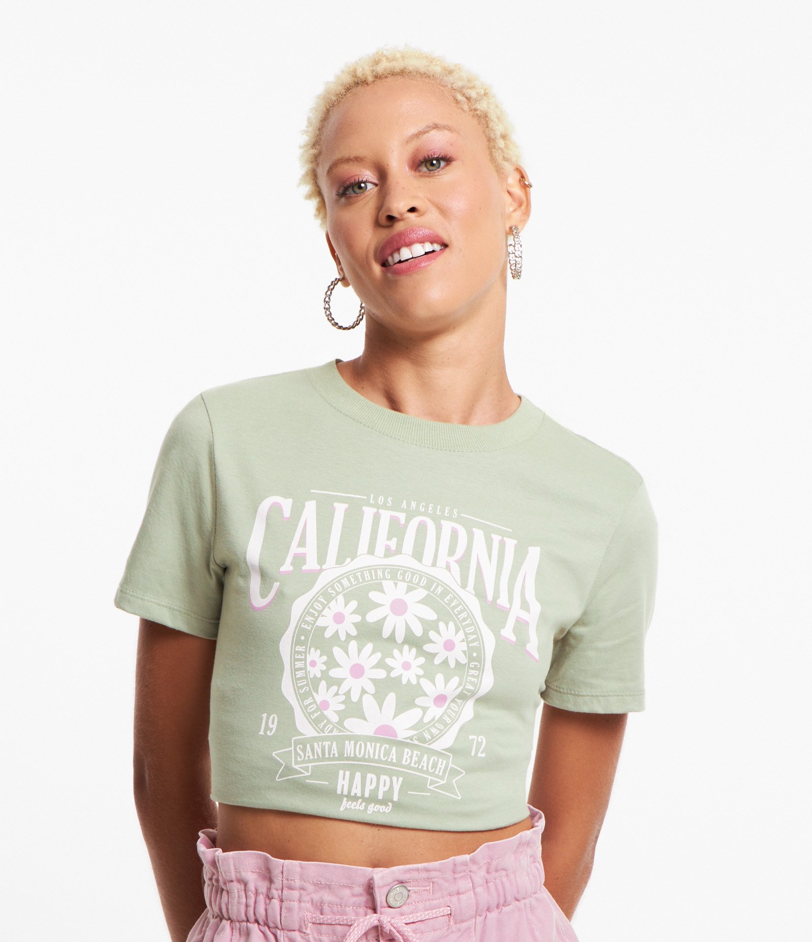 Blusa Baby Look em Meia Malha com Estampa Califórnia Verde 1