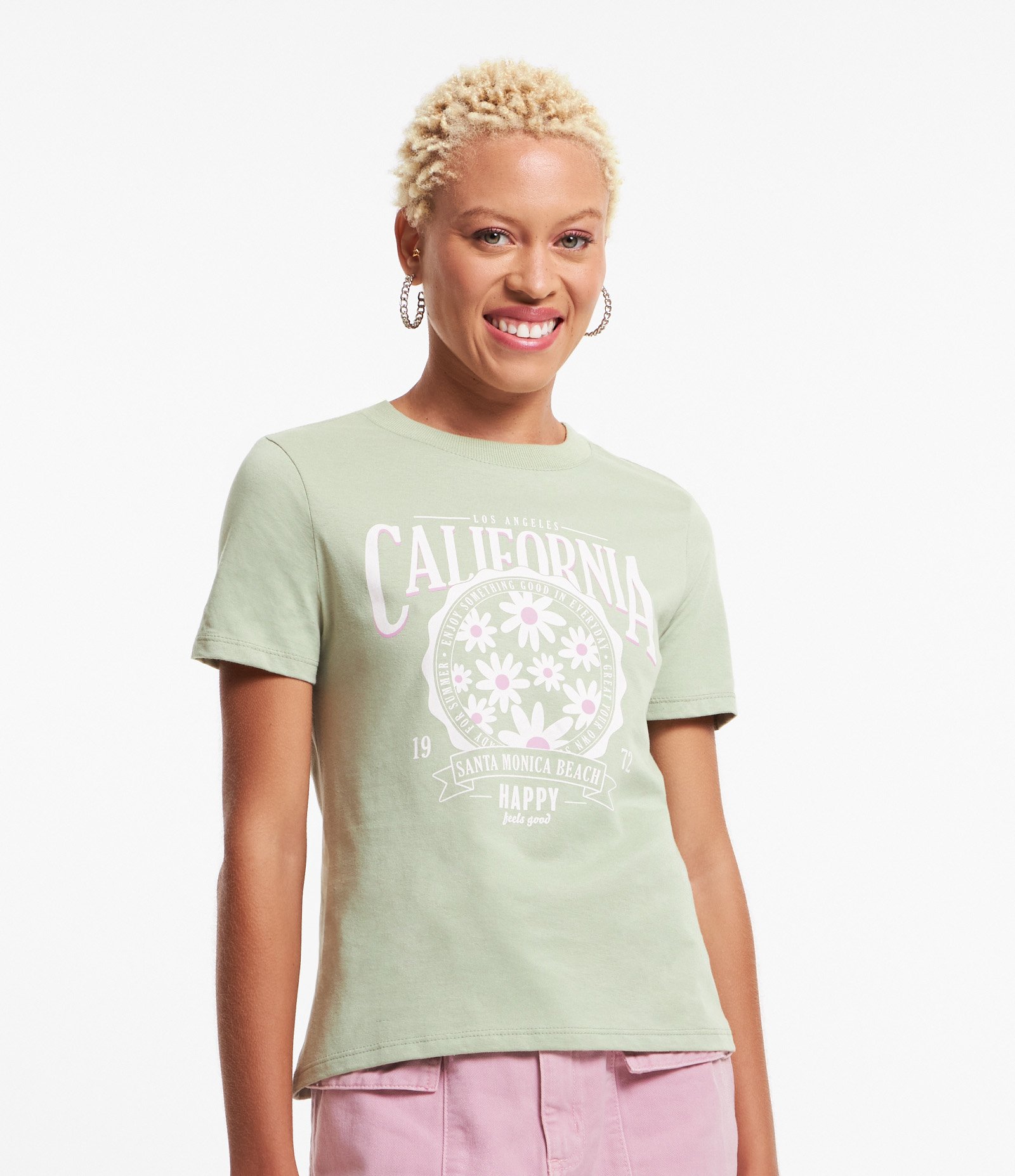 Blusa Baby Look em Meia Malha com Estampa Califórnia Verde 2