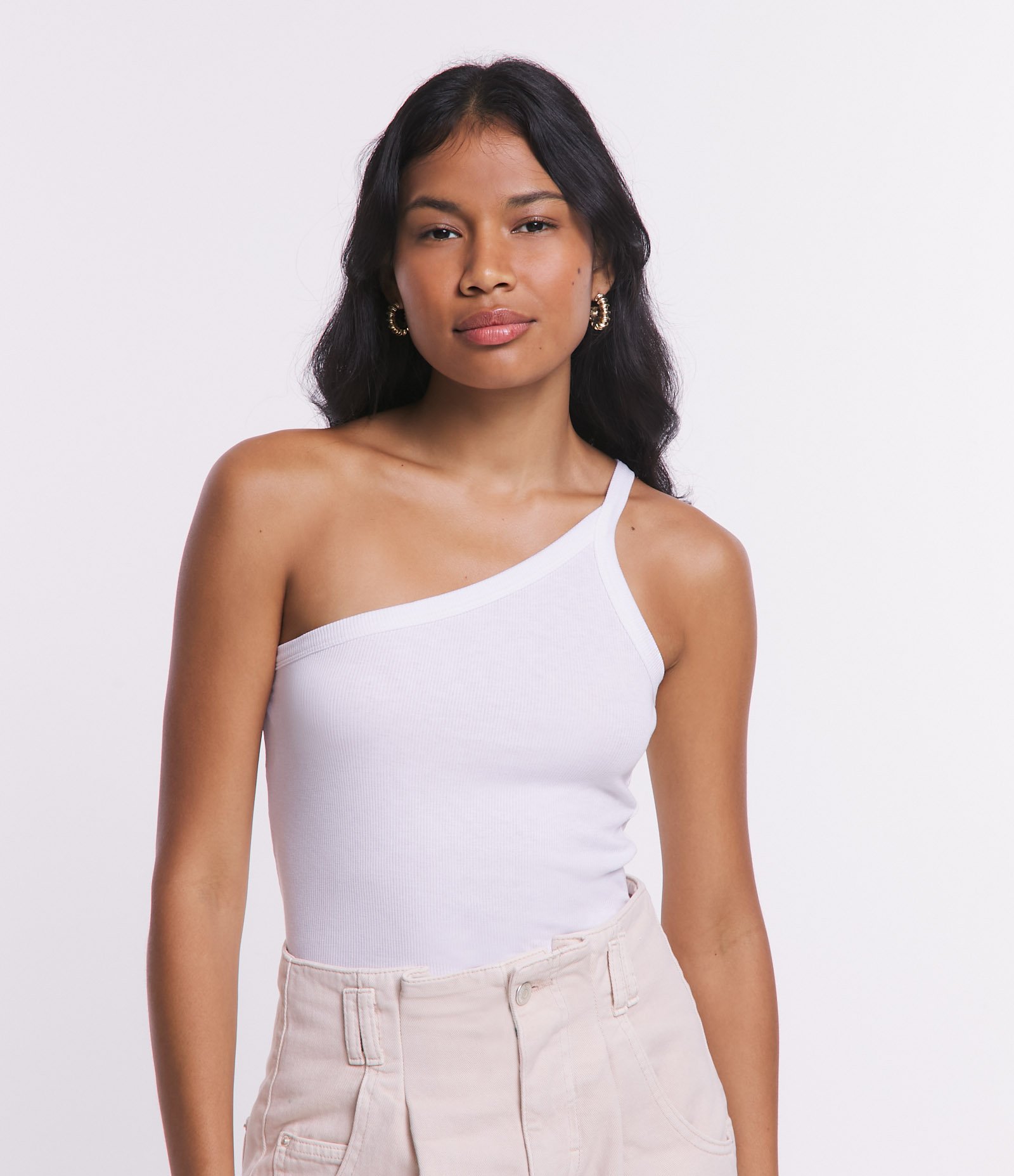 Blusa Básica em Ribana com Um Ombro Só Branco 1