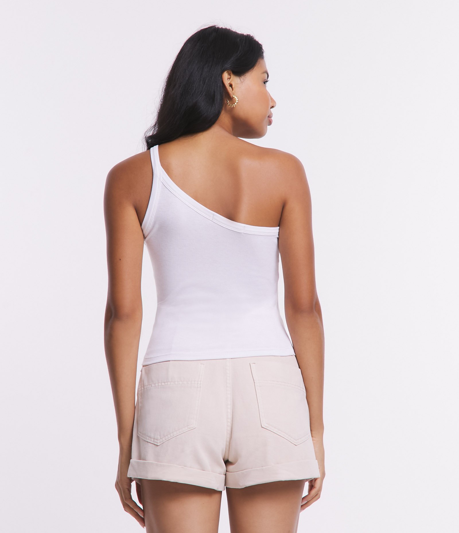 Blusa Básica em Ribana com Um Ombro Só Branco 3