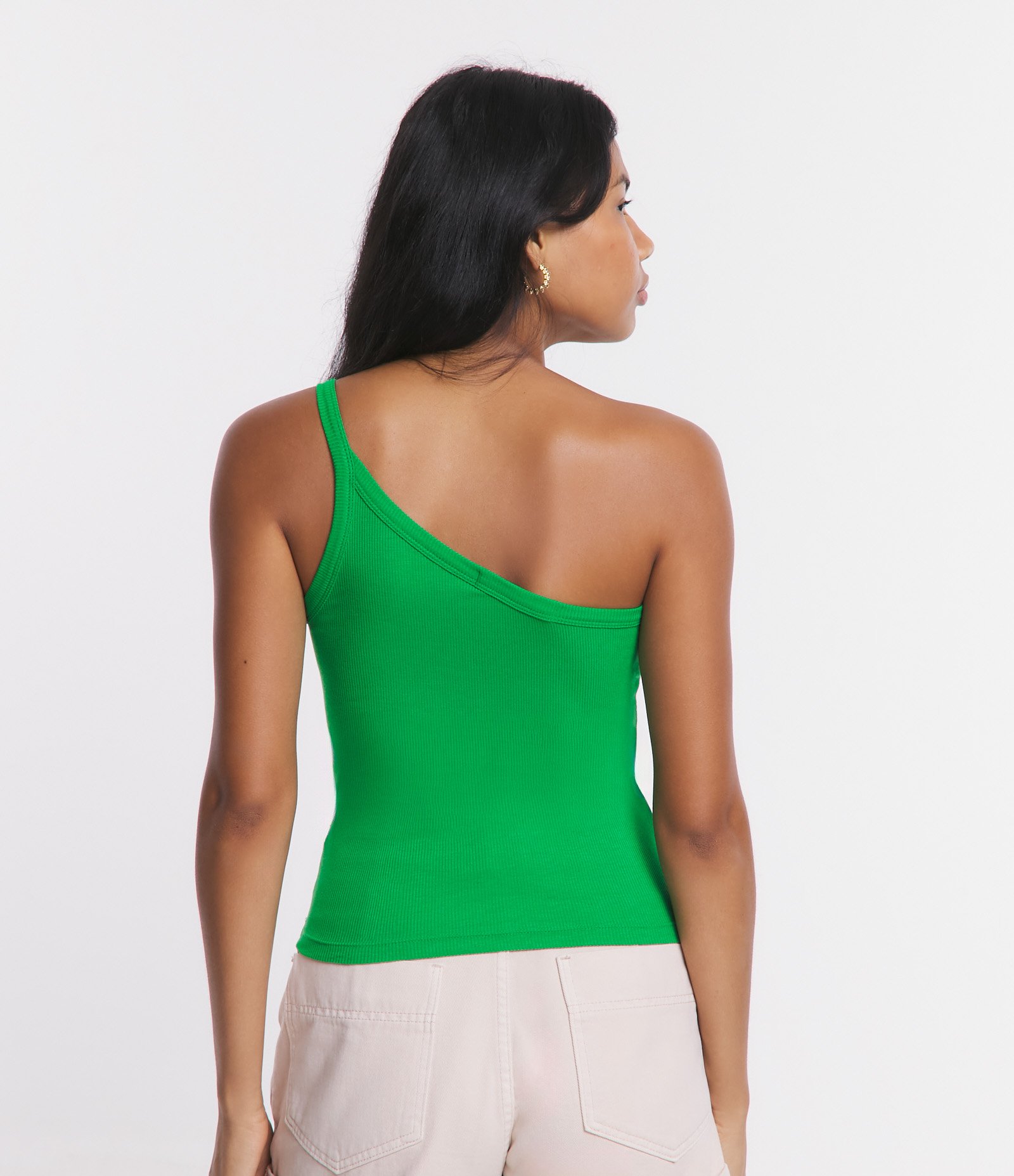 Blusa Básica em Ribana com Um Ombro Só Verde 3