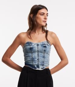 Top Corset em Jeans com Decote Tomara que Caia e Recortes