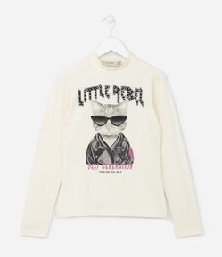 Blusa Infantil com Estampa Gato de Óculos - Tam 5 A 14 Anos