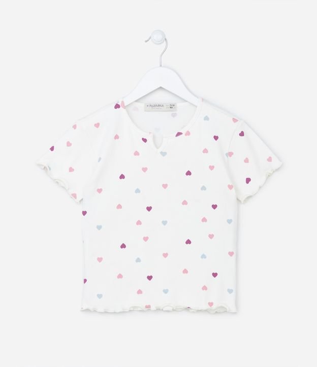 Blusa Infantil Canelada com Estampa Corações - Tam 5 A 14 Anos Branco Neve 1