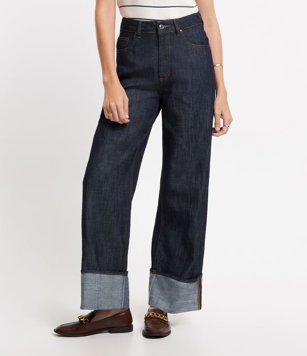 Calça Wide Leg em Jeans com Barra Diferenciada Azul 1