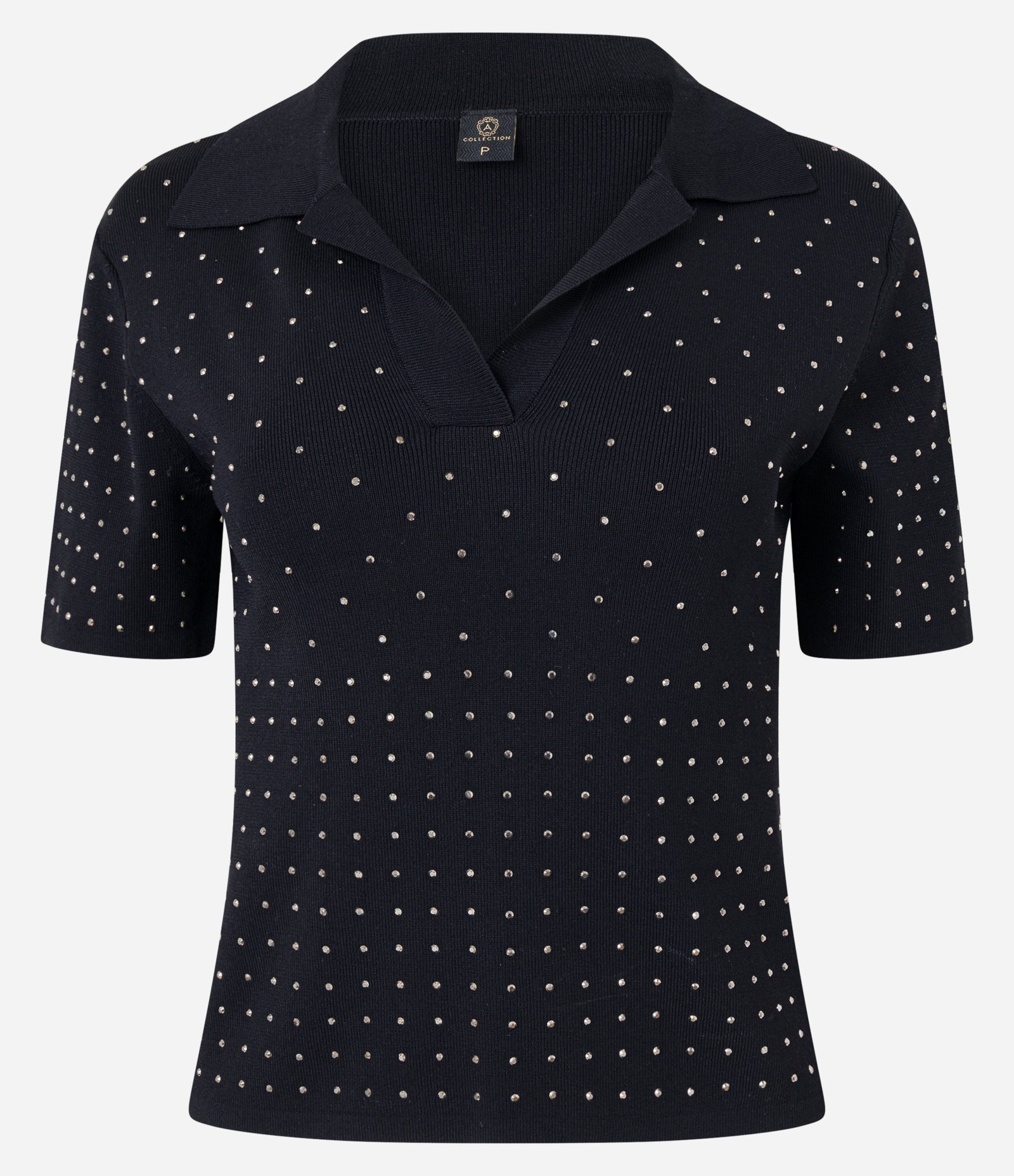 Blusa em Viscose com Gola Polo e Strass Aplicados Preto 7