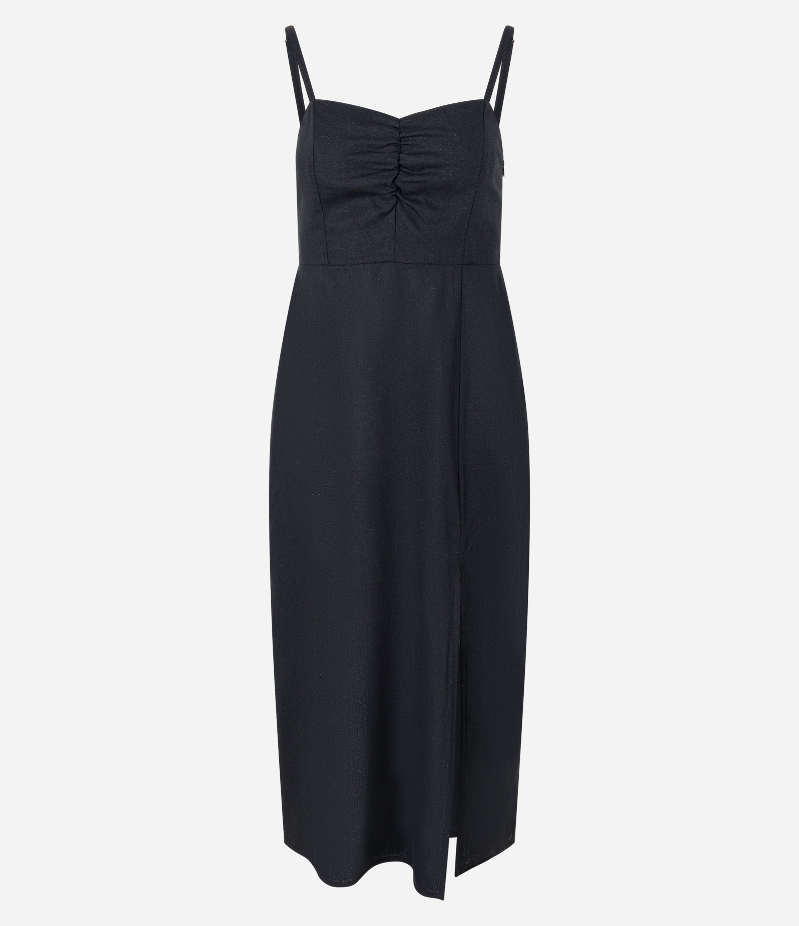 Vestido Midi em Linho com Franzido no Busto e Fenda Preto 6