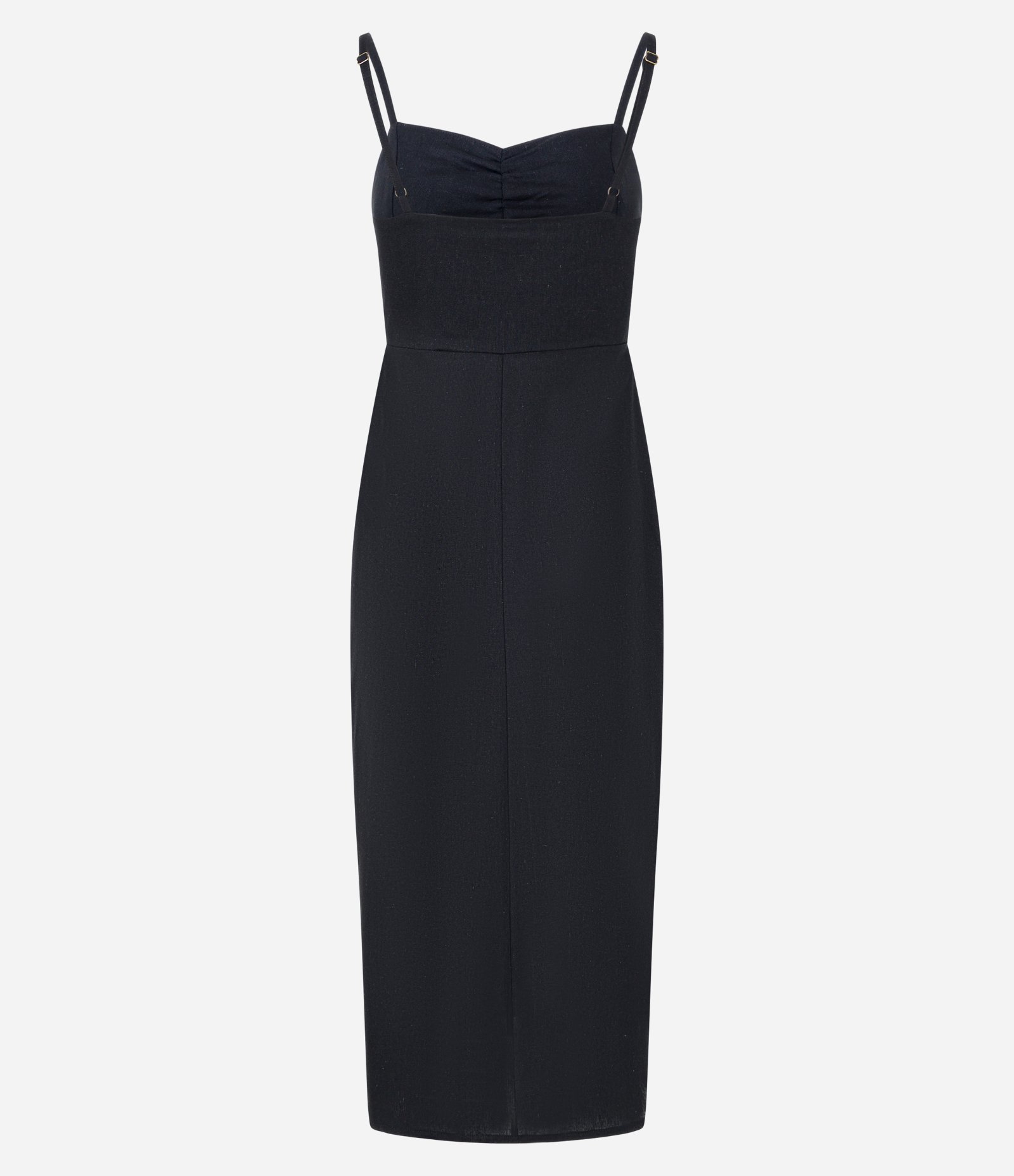 Vestido Midi em Linho com Franzido no Busto e Fenda Preto 7