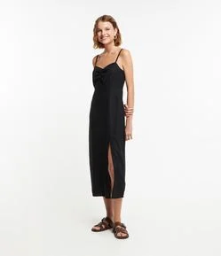 Vestido Midi em Linho com Franzido no Busto e Fenda