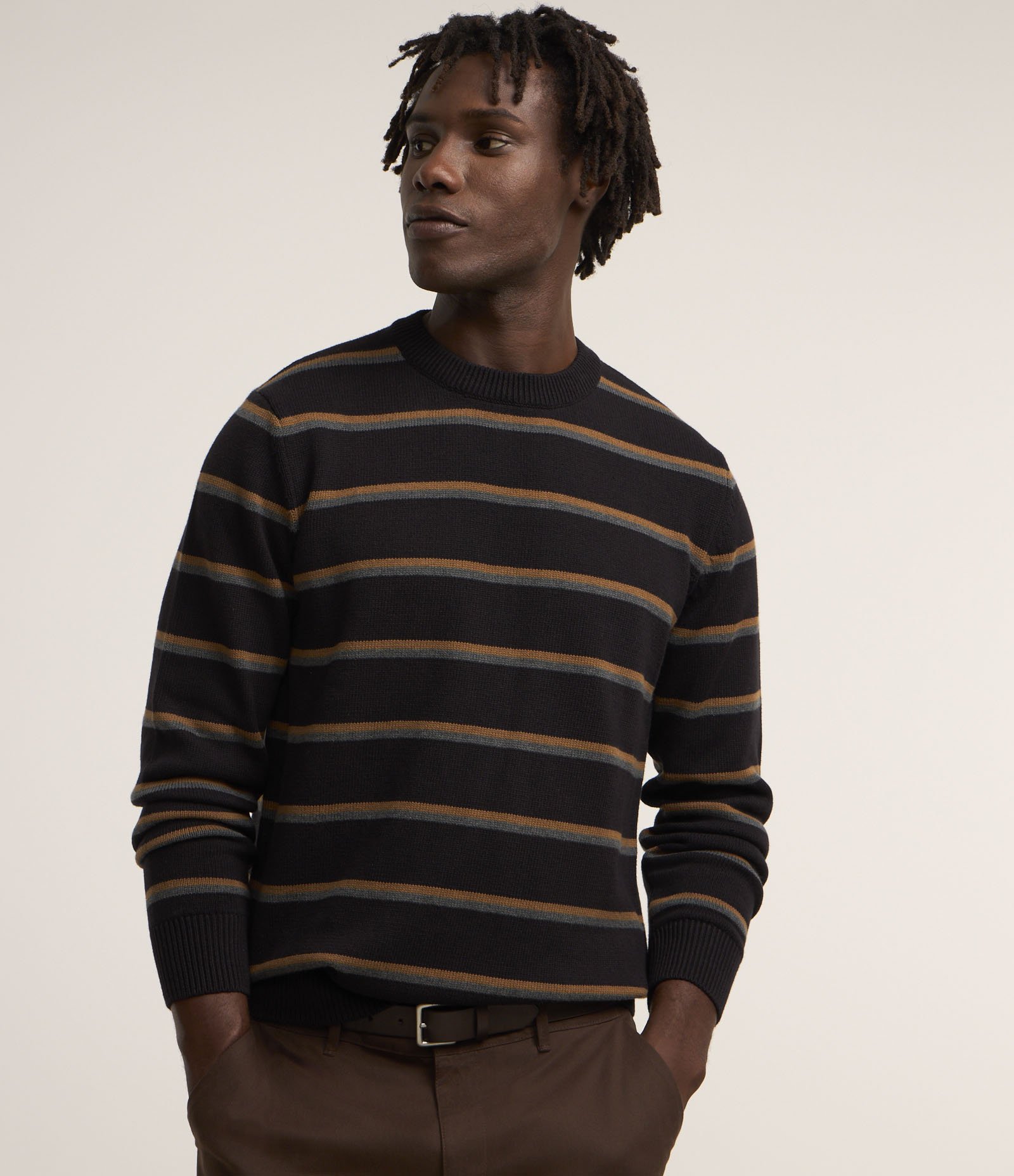 Suéter em Tricô Listrado e Detalhes Canelados Preto/Marrom/Cinza 2