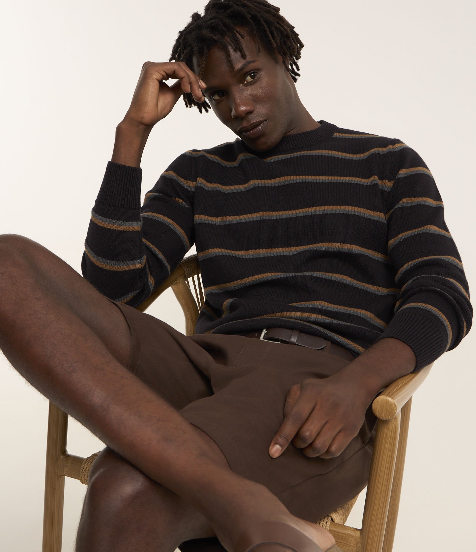 Suéter em Tricô Listrado e Detalhes Canelados Preto/Marrom/Cinza 6